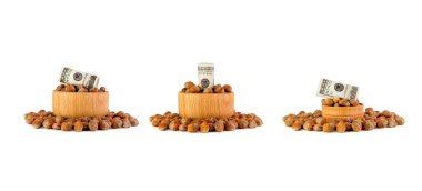 Ahşap kase fındık Türk Hazel'e. Para dolar içine fındık fıstık dönüşümü büyüme kavramı. Beyaz arka planda, kopya için alan ayırma.