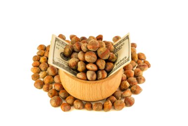 Ahşap kase fındık Türk Hazel'e. Para dolar içine fındık fıstık dönüşümü büyüme kavramı. Beyaz arka planda, kopya için alan ayırma.