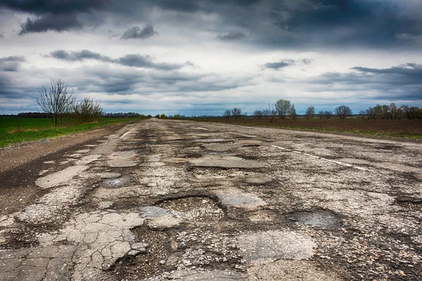 Old Road Concept Highway Huge Pits Potholes Cloudy Weather Sky — Stock Photo, Image