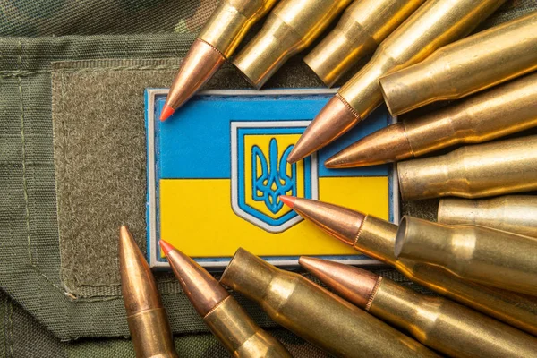 Ukrainian flag and coat of arms against camouflage and battle bullets. The concept of the Ukrainian defense army, highlight