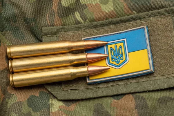 Ukrainian flag and coat of arms against camouflage and battle bullets. The concept of the Ukrainian defense army, highlight