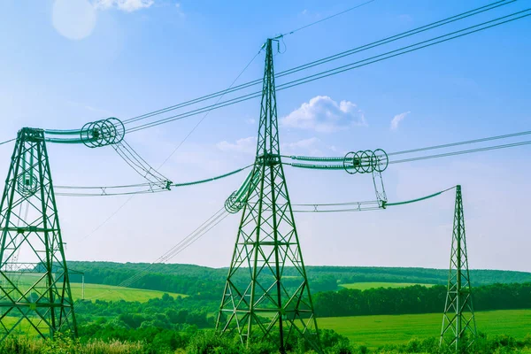 power line close up against the blue sky. Power industry