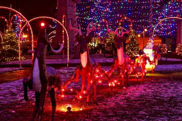 Noel Baba Nın Kızağı Ren Geyiği Ile Içinde Bir Köy — Stok fotoğraf