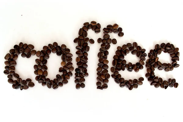 Inscription Coffee Beans White Background — Stock Photo, Image