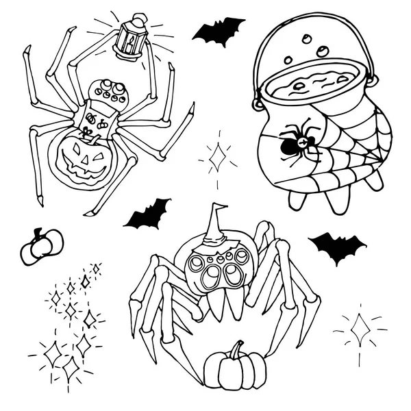 Pókok Boszorkány Brew Halloween Objektumok Halmaza Elszigetelt Fehér Background — Stock Fotó