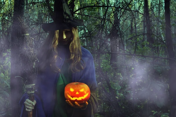 Young witch in the dark forest on Halloween. Girl dressed as a witch with Jack-o-lantern in a misty forest at night.