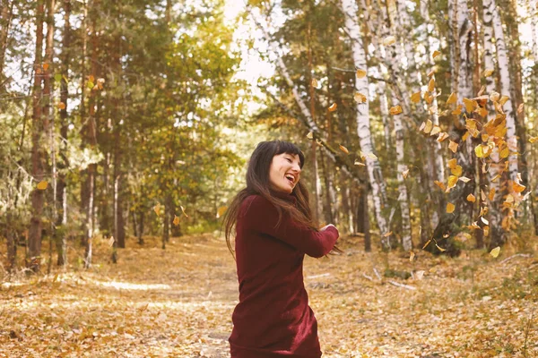 Mujeres Encantadoras Jugando Con Hojas Otoño Retrato Morena Parque Otoño — Foto de Stock