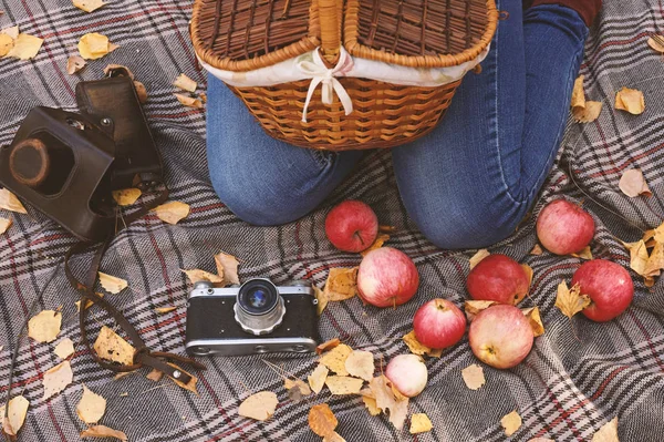 Picnic Bosque Otoño Manzanas Cámara Vieja Hojas Amarillas Una Manta — Foto de Stock