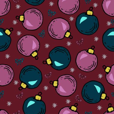 Noel topları ile Seamless modeli. Renkli Noel topları ve sorunsuz arka plan üzerinde yay.