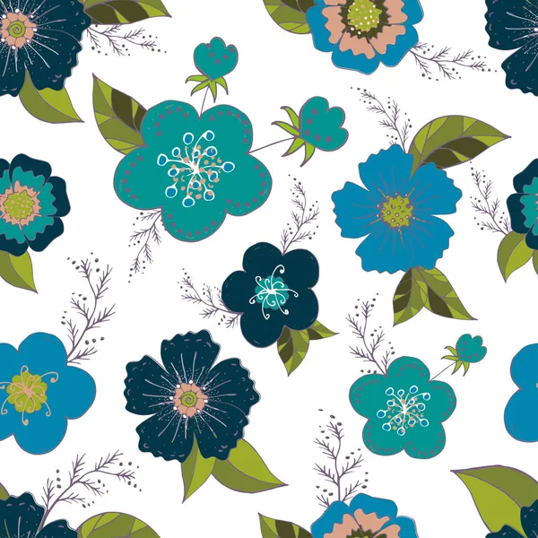 Nahtloses Muster Mit Blauen Blumen Und Romantischen Elementen Endlose Farbe — Stockvektor