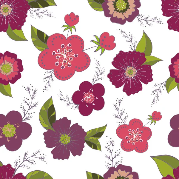 Modello Senza Cuciture Con Fiori Rosa Viola Elementi Romantici Colore — Vettoriale Stock