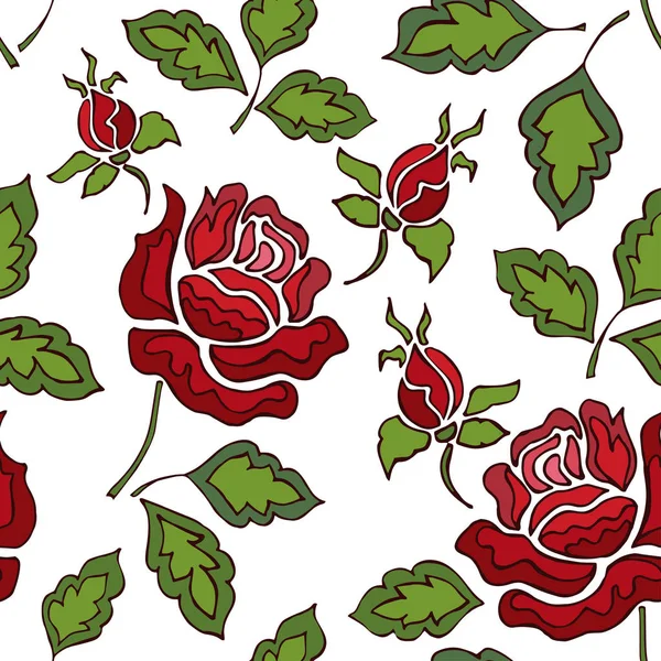 ローズと色シームレス レース パターン 赤いバラの花の背景を繰り返し — ストックベクタ
