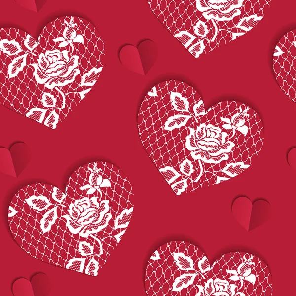 Elegancki Wzór Walentynki Koronkowy Czerwone Serca Valentine Niekończące Się Ornament — Wektor stockowy