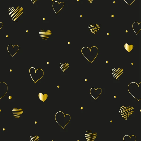 Patrón Negro Sin Costuras Día San Valentín Con Corazones Oro — Vector de stock