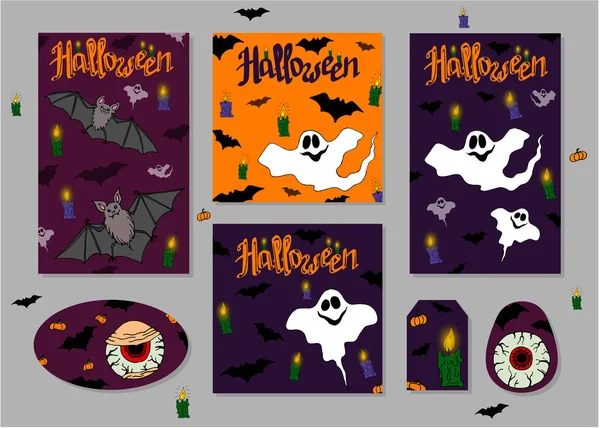 Conjunto de folhetos para o Halloween. Morcegos, fantasmas e zumbis . —  Vetores de Stock
