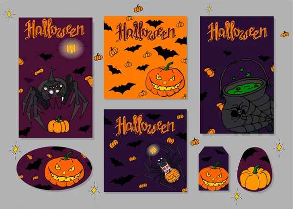 Conjunto de folhetos para o Halloween. Aranhas, Jack Lanterna e abóboras —  Vetores de Stock