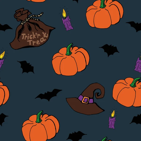 Halloween sans couture avec citrouilles, chapeau de sorcière et chauves-souris . — Image vectorielle