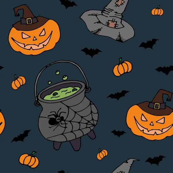 Halloween fundo sem costura com abóboras, morcegos, bruxas poção e chapéu de bruxa — Vetor de Stock