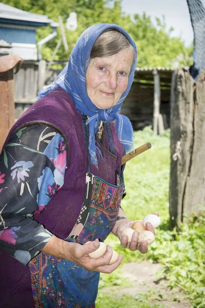 Zomer Het Dorp Tuin Een Grootmoeder Een Bandana Wachtruimten Eieren — Stockfoto