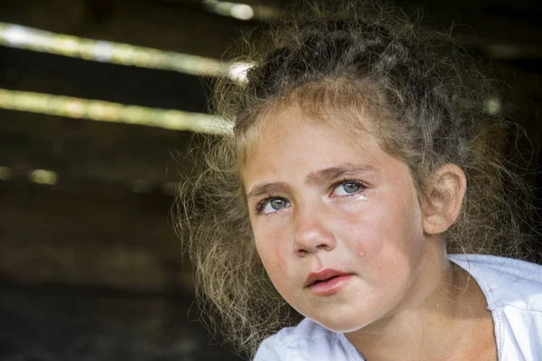 Mały Smutny Zdenerwowany Płacze Łza Stacza Jej Policzek Obraz Stockowy