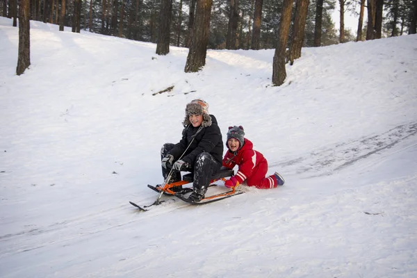 在冬天 一个阳光明媚的日子 一个兄妹骑着雪摩托车在树林里从一座小山 他们很高兴 — 图库照片