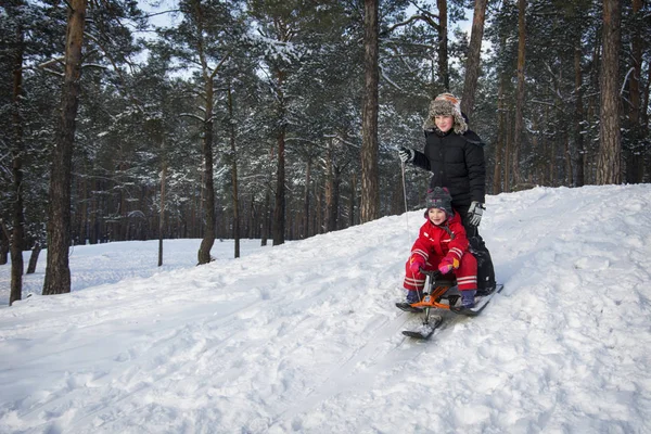 Winter Rijden Een Zonnige Dag Een Broer Zus Een Sneeuwscooter Stockfoto