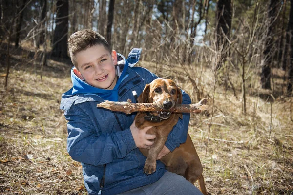 En la primavera en el bosque en un día soleado brillante el muchacho juega — Foto de Stock