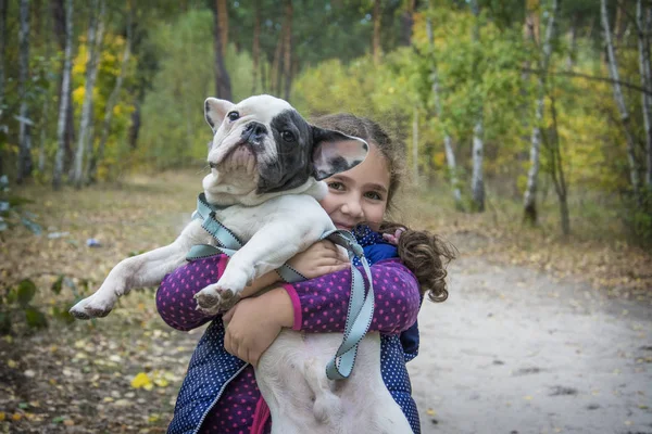 En el bosque de otoño, una niña sostiene un bulldog francés en él — Foto de Stock