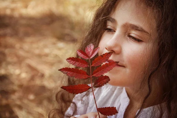 In the autumn forest, a small beautiful girl with her hair is ho — Stock Photo, Image