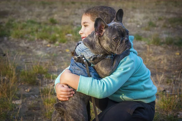 在秋天的公园里，一个小女孩牵着一只法国斗牛犬 — 图库照片