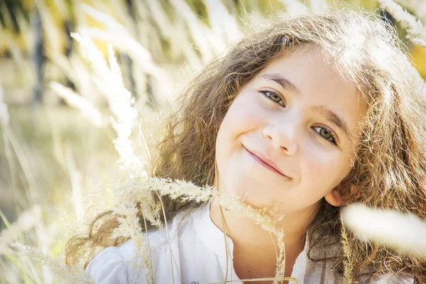 Na floresta de outono em uma clareira uma pequena menina encaracolada bonita — Fotografia de Stock