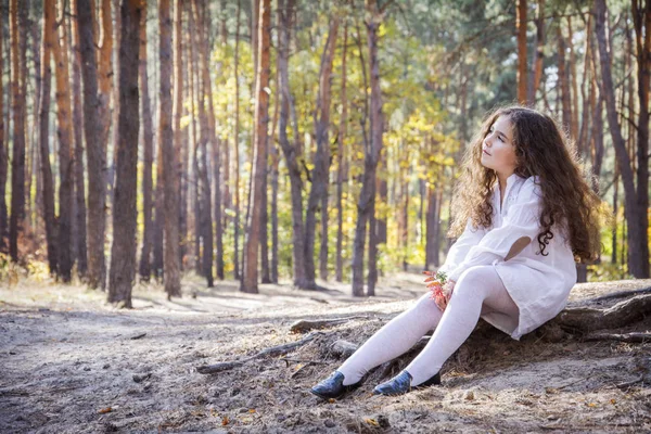 In het herfstbos zit een klein meisje op de wortel van een dennenboom. — Stockfoto