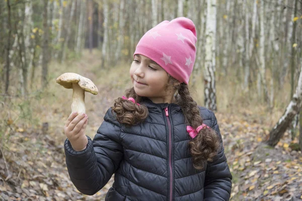 Im Wald hält ein Mädchen einen Steinpilz in der Hand. — Stockfoto