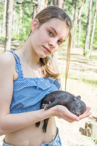 Summer Village Bright Sunny Day Girl Holding Little Pig Her — Stock Photo, Image