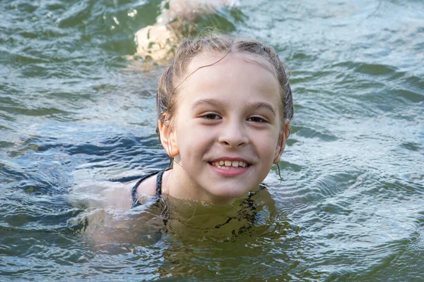 Summer Bright Sunny Day Girl Swimsuit Bathes Lake — Stock Photo, Image