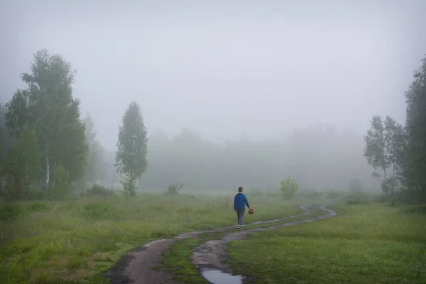 Ранним Дождливым Утром Тумане Вдоль Дороги Будет Мальчик Грибник Корзиной — стоковое фото