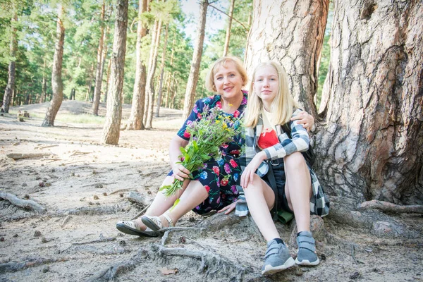 Summer Bright Sunny Day Forest Grandmother Granddaughter Sit Pine Tree — Stock Photo, Image