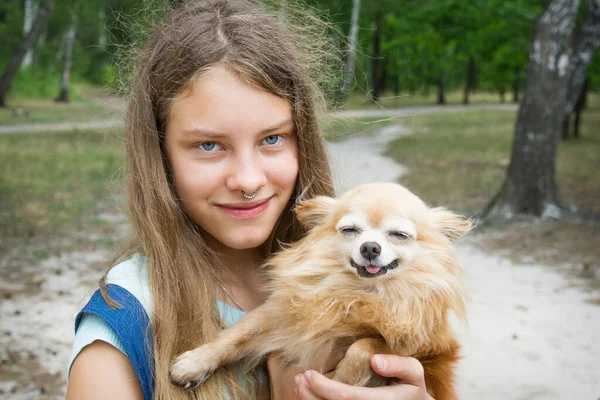 Bright Summer Day Forest Girl Holds Dog Her Arms Smiling — Stock Photo, Image