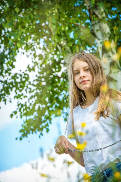 Summer Bright Sunny Day Girl Stands Birch — Stock Photo, Image