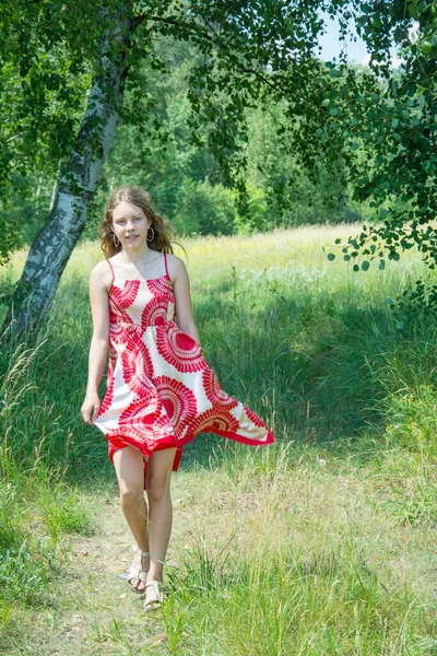 夏には 明るい晴れた日には フィールド上で 女の子は風から発展する明るい赤いドレスに立っています — ストック写真