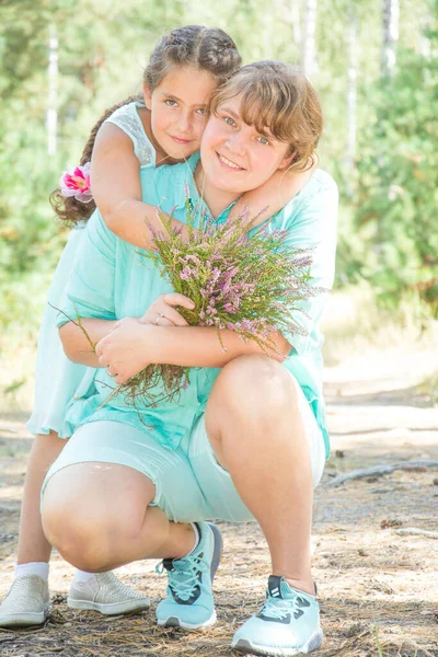 Bright Sunny Summer Day Forest Girl Bouquet Hugs Her Mother — Stock Photo, Image