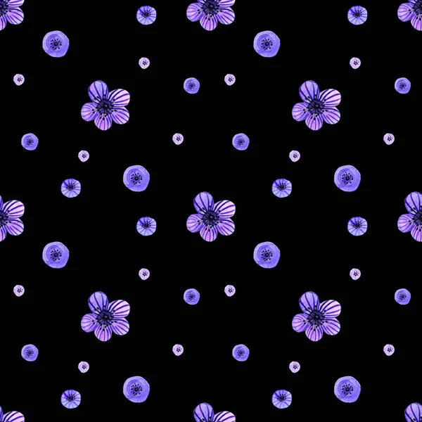 Nahtloses Muster Mit Lila Aquarellblumen Auf Schwarzem Hintergrund — Stockfoto