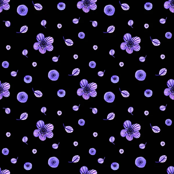 Fliederblätter Und Blüten Von Pflanzen Auf Schwarzem Hintergrund Nahtloses Muster — Stockfoto