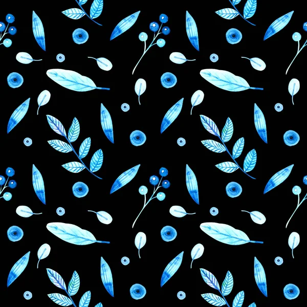 Blue twigs and flowers of plants on a black background. Seamless pattern. Watercolor drawings.