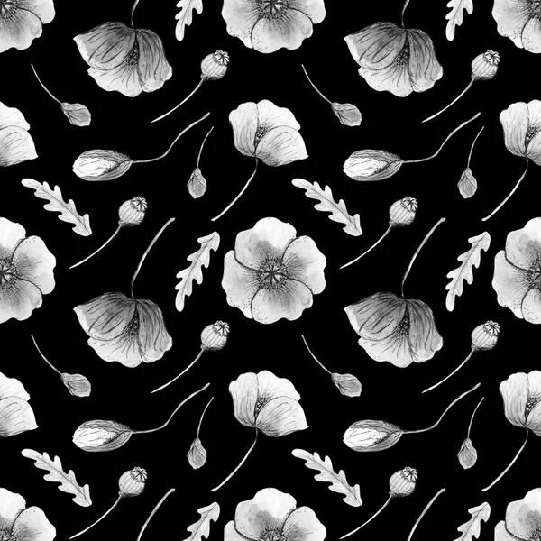 Flores Blanco Negro Brotes Hojas Amapolas Sobre Fondo Negro Patrón — Foto de Stock