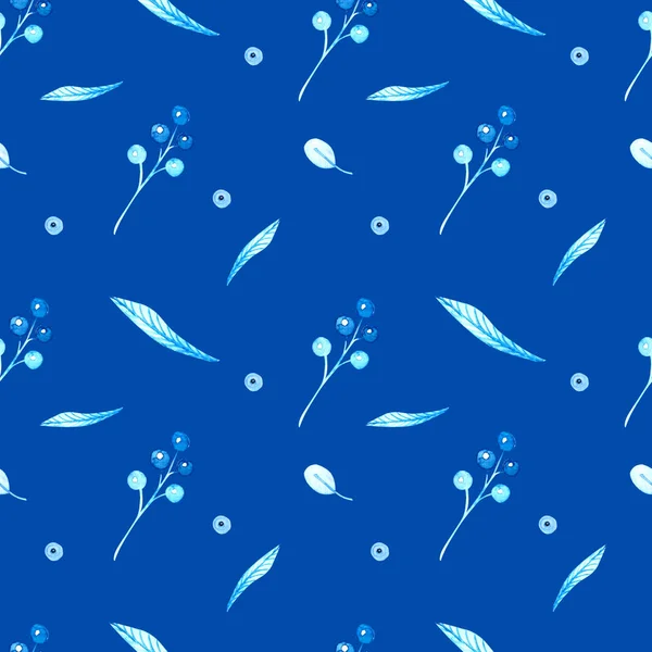 Aquarell Hellblaue Beeren Und Blätter Auf Blauem Hintergrund Nahtloses Muster — Stockfoto
