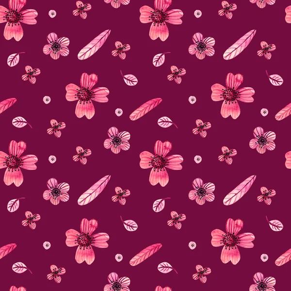 Nahtloses Muster Rosa Aquarellblumen Auf Weinrotem Hintergrund — Stockfoto