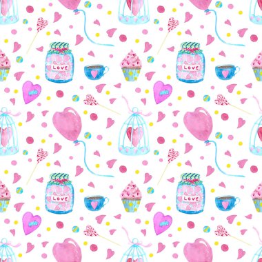 Kalpler, topları, anahtar, aşk mektubu, çiçekler, kalpler ve oklar suluboya unsurları ile Seamless modeli. Düğün ve davet için Sevgililer günü ya da düğün için arka plan. Büyük tatil mükemmel karalama defteri, kart yapımı, çıkartmaları için ayarlayın. Kırmızı kalp fo