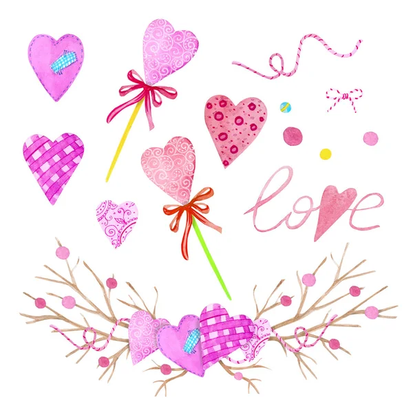 A large set of watercolor elements for Valentine\'s Day or wedding day. Flowers, arrow, envelope, balloon, heart, cup and other watercolor elements. Big holiday set perfect for scrapbook, card making, stickers