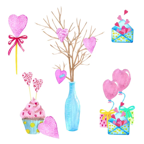 A large set of watercolor elements for Valentine\'s Day or wedding day. Flowers, arrow, envelope, balloon, heart, cup and other watercolor elements. Big holiday set perfect for scrapbook, card making, stickers